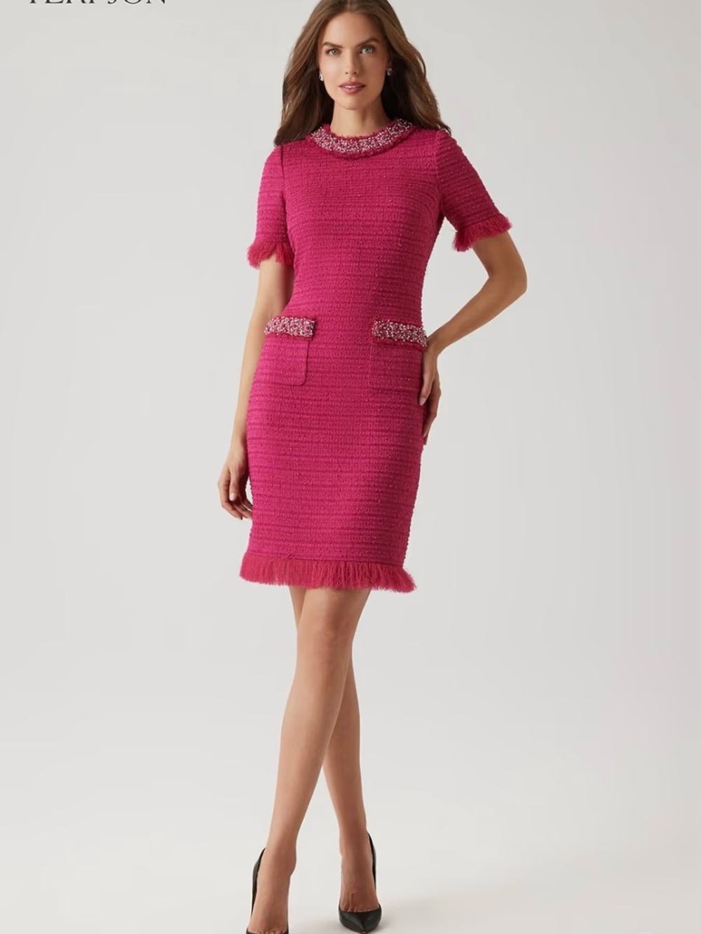 NWT Rickie Freeman Teri Jon Jewel Trim Tweed Dress Raspberry 4 Holiday Party